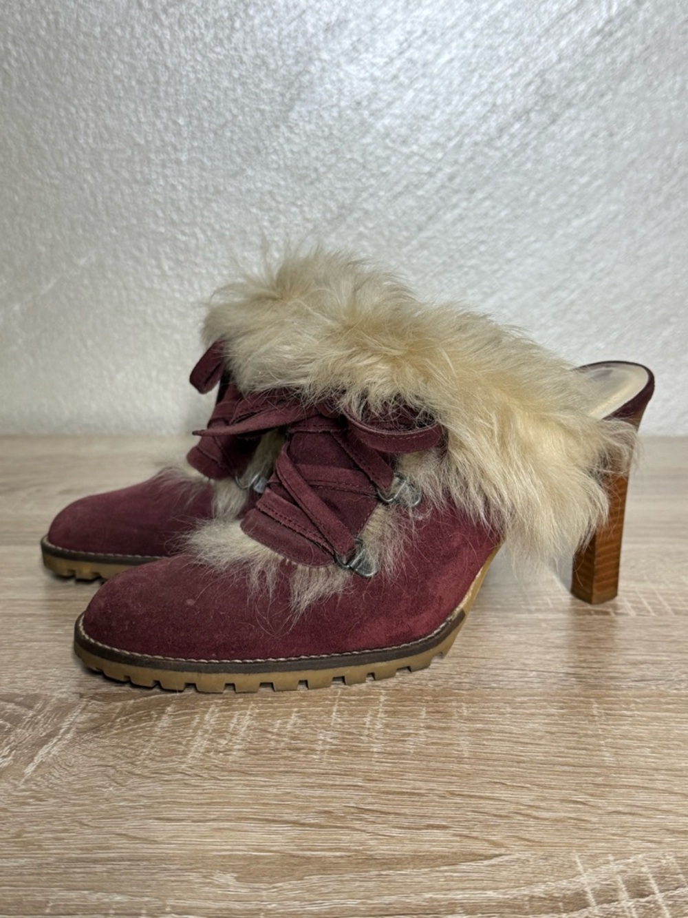 Coach Kristy 8B Burgundy Suede High Heel Mules With Faux Fur Cufs Italy